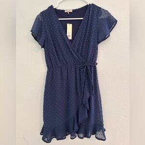 Francesca's Collections Navy Blue Wrap Midi Dress with Ruffle Hem